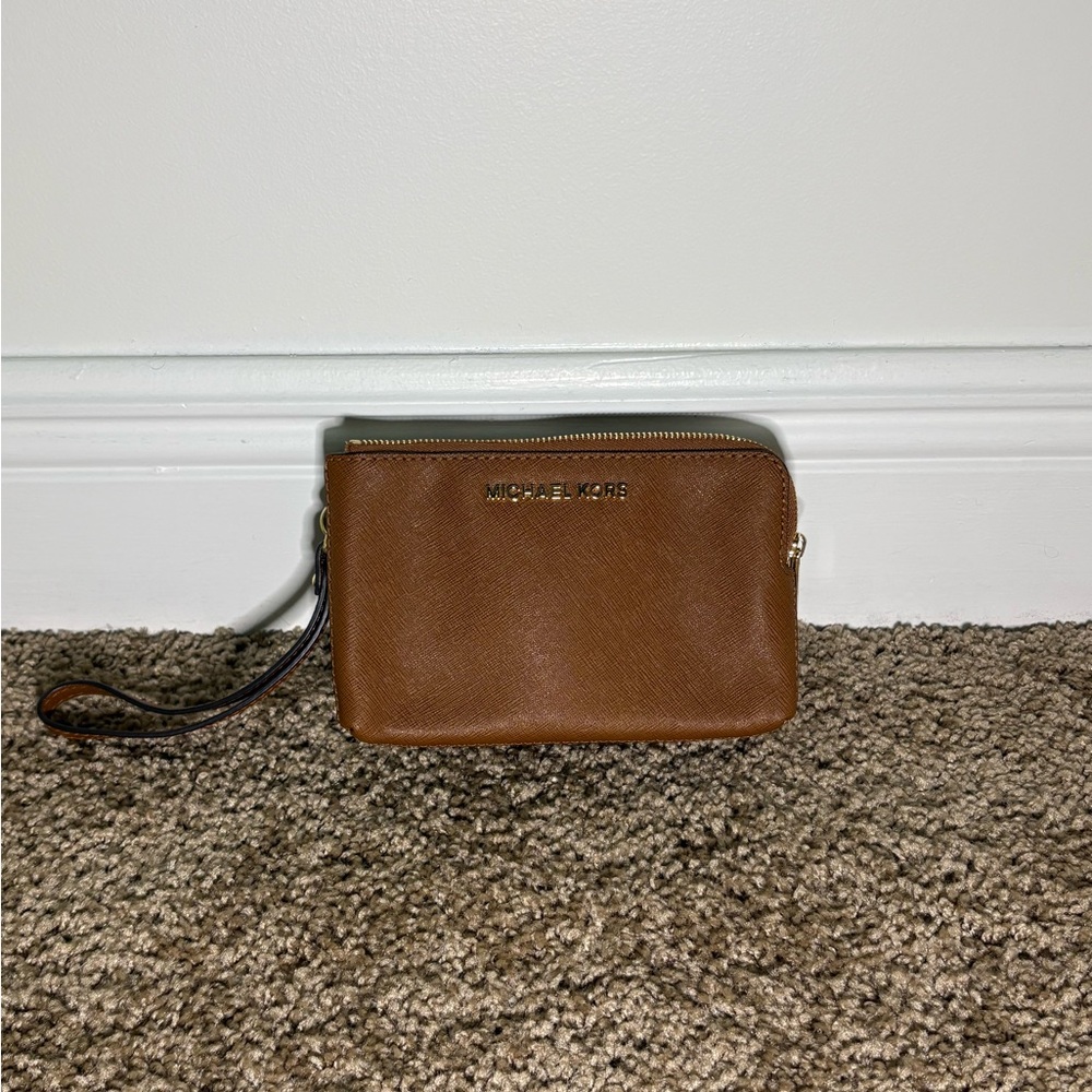 Michael Kors Tan Brown Leather Wristlet Pouch with Gold Logo